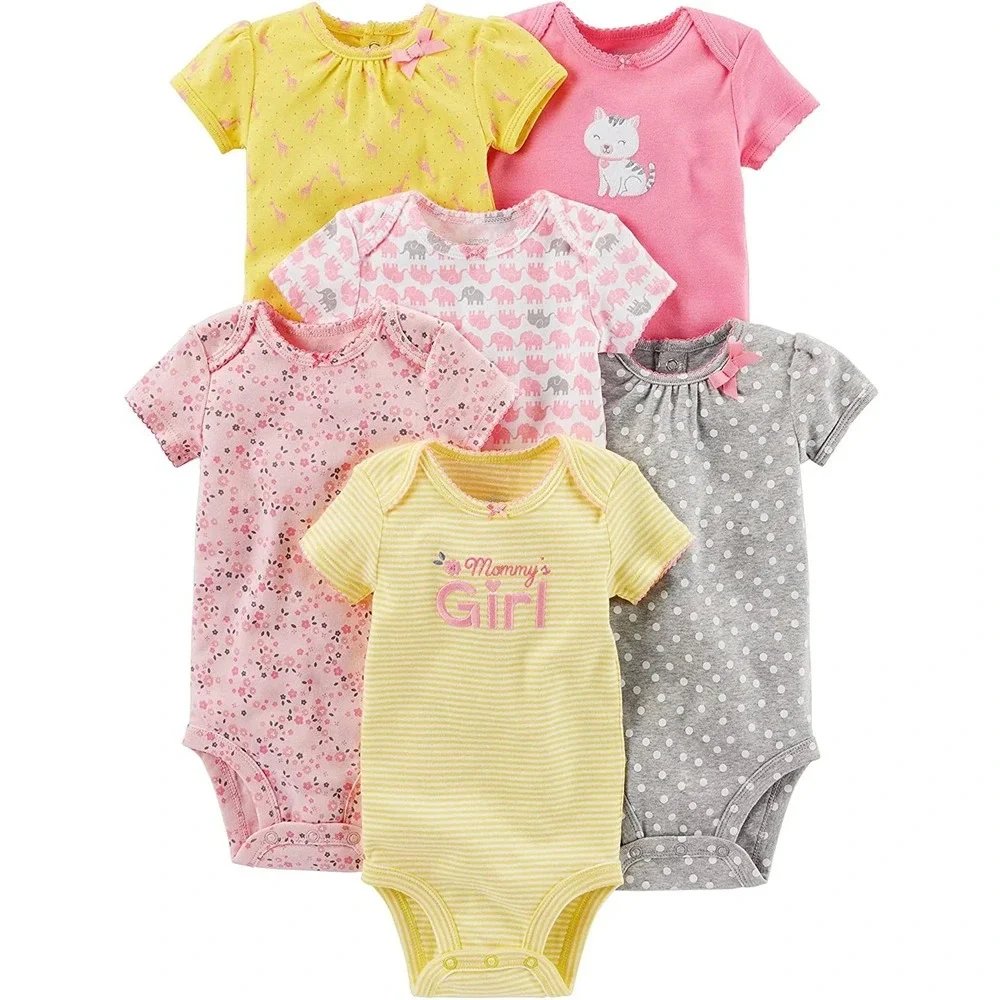 Carters Baby Girl 6 Pack Short Sleeve Bodysuits Pink Yellow Grey Floral Cat